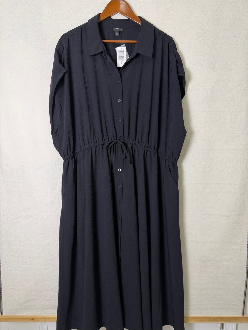 Torrid Black Button-Front Midi Shirt Dress with Drawstring Waist